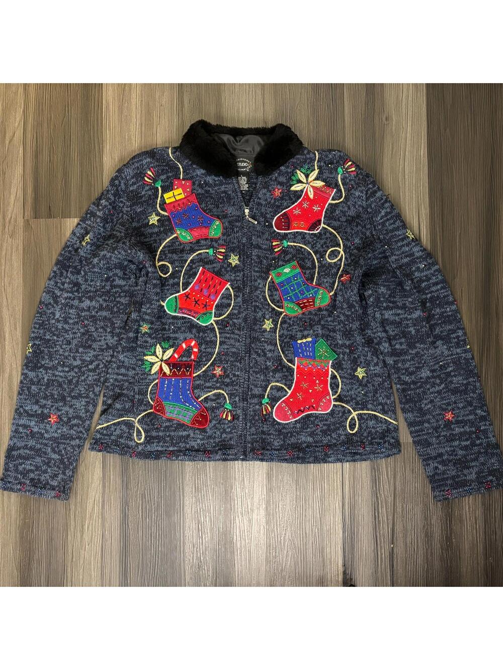 Vintage 90's Christmas Cardigan Sweater Large Beaded Patchwork Stocking Blue